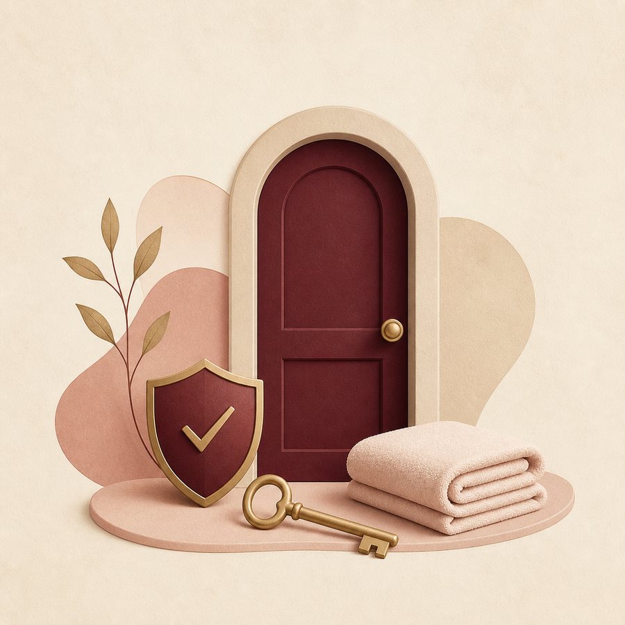 Abstract shield, key and folded towel representing privacy and safety