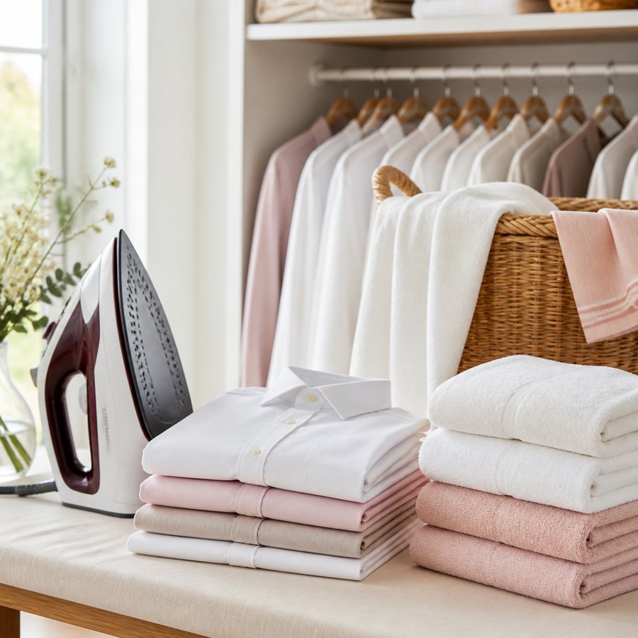 Ironing and neatly folded household linens