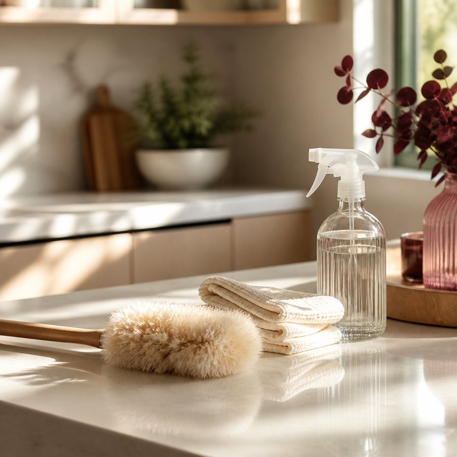Cleaning essentials arranged on a bright kitchen counter