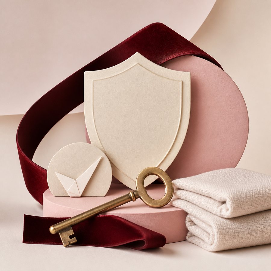 Abstract shield, key and folded towel representing verification and trust